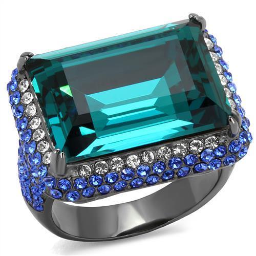 IP Light Black  (IP Gun) Stainless Steel Ring with Top Grade Crystal  in Blue Zircon