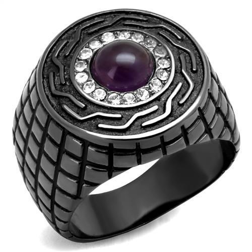 IP Light Black  (IP Gun) Stainless Steel Ring with Semi-Precious Amethyst Crystal in Amethyst