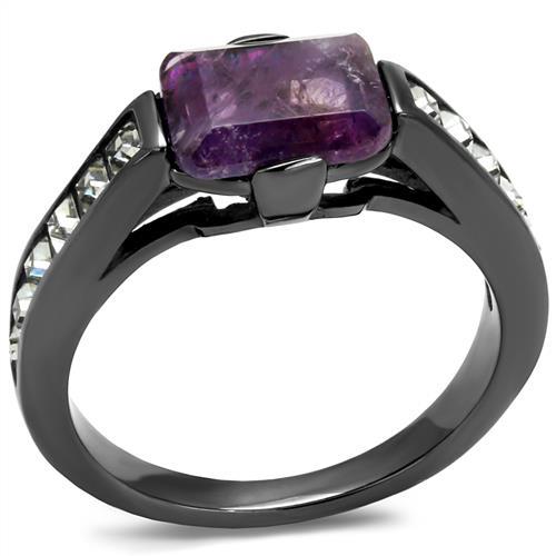 IP Light Black  (IP Gun) Stainless Steel Ring with Precious Stone Amethyst Crystal in Amethyst