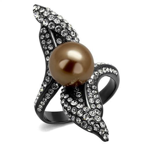 IP Light Black  (IP Gun) Stainless Steel Ring with Synthetic Pearl in Brown