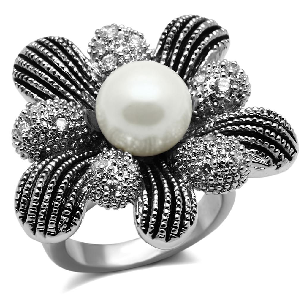 High polished (no plating) Stainless Steel Ring with Synthetic Pearl in White