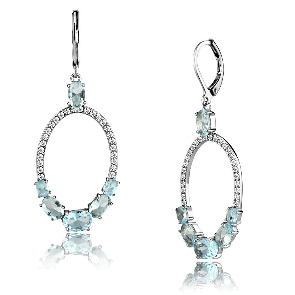High polished (no plating) Stainless Steel Earrings with Synthetic Synthetic Glass in Sea Blue
