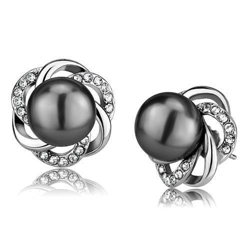 High polished (no plating) Stainless Steel Earrings with Synthetic Pearl in Gray
