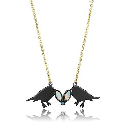 IP Gold+ IP Black (Ion Plating) Stainless Steel Necklace with Semi-Precious Opal in Aurora Borealis (Rainbow Effect)