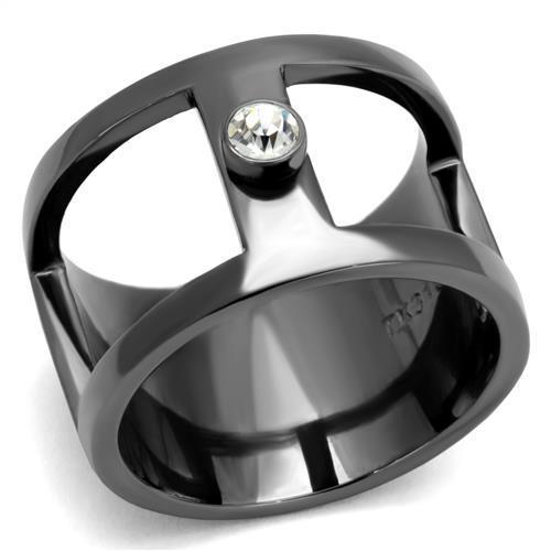 IP Light Black  (IP Gun) Stainless Steel Ring with Top Grade Crystal  in Clear