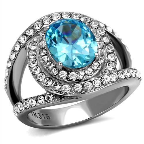 High polished (no plating) Stainless Steel Ring with Synthetic Synthetic Glass in Sea Blue