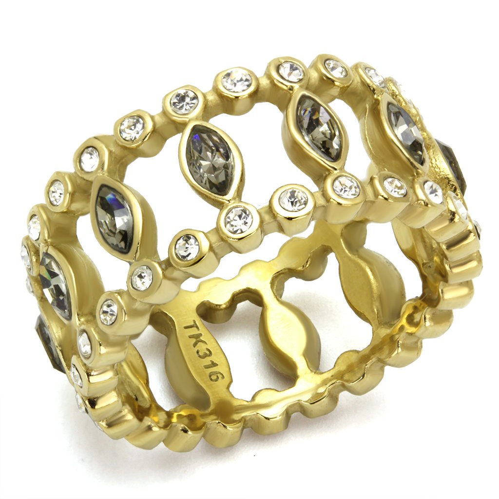 IP Gold(Ion Plating) Stainless Steel Ring with Top Grade Crystal  in Black Diamond