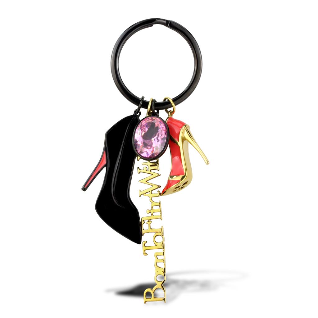 IP Gold+ IP Black (Ion Plating) Stainless Steel Key Ring with AAA Grade CZ  in Rose