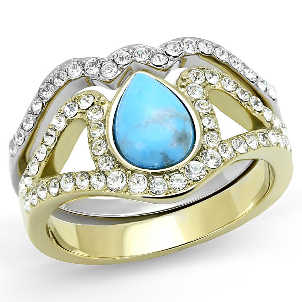 Two-Tone IP Gold (Ion Plating) Stainless Steel Ring with Synthetic Turquoise in Turquoise