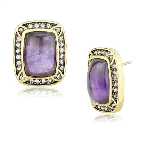 IP Gold(Ion Plating) Stainless Steel Earrings with Semi-Precious Amethyst Crystal in Amethyst