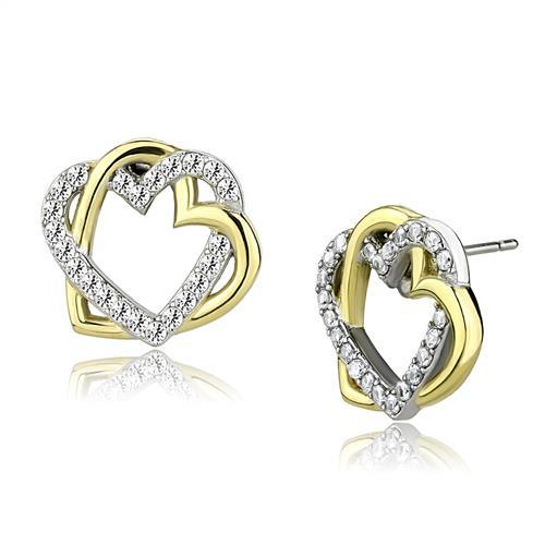 Two-Tone IP Gold (Ion Plating) Stainless Steel Earrings with AAA Grade CZ in Clear