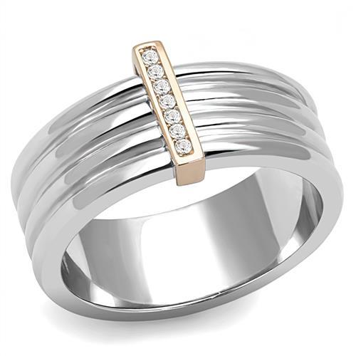 Two-Tone IP Rose Gold Stainless Steel Ring with Top Grade Crystal in Clear