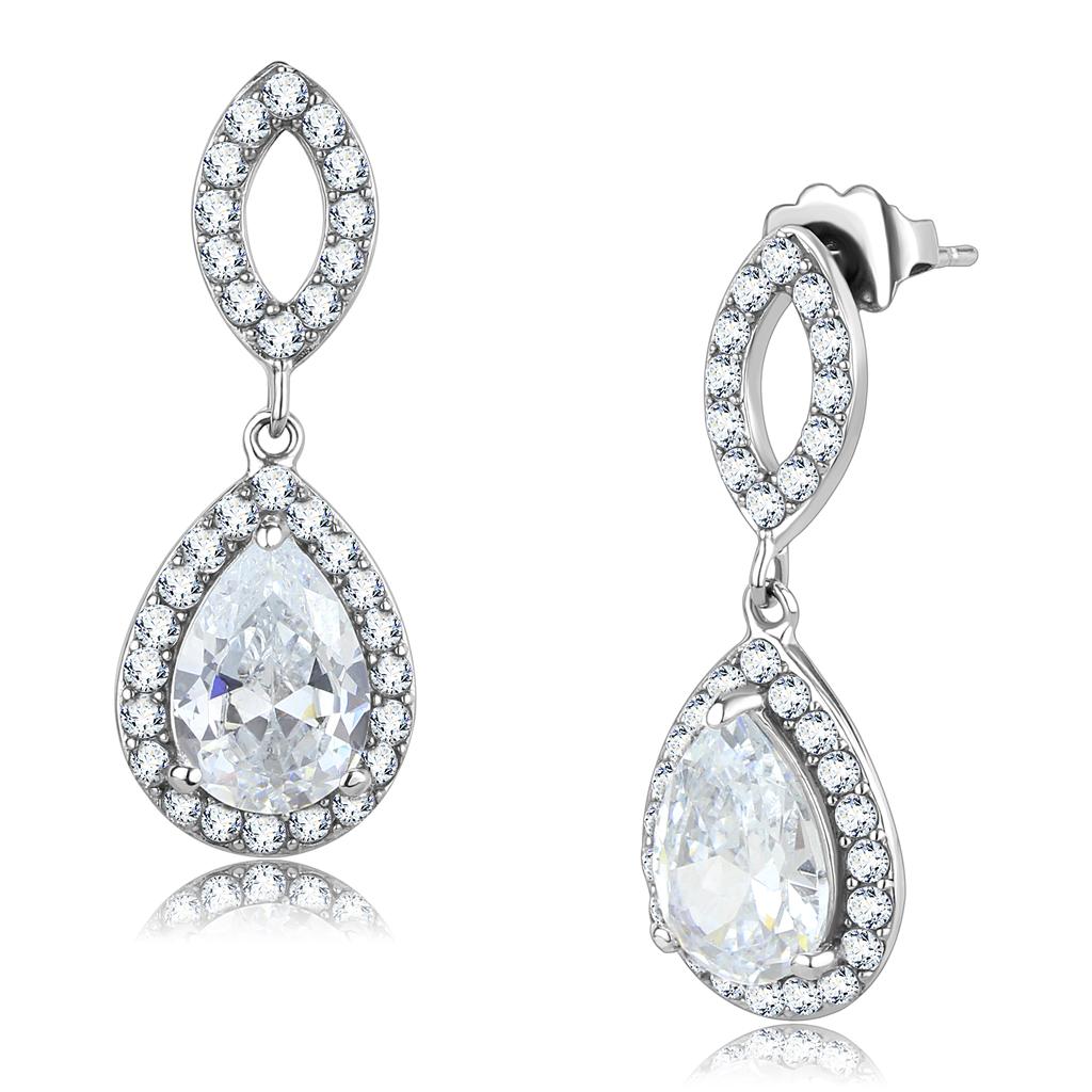 High polished (no plating) Stainless Steel Earrings with AAA Grade CZ in Clear