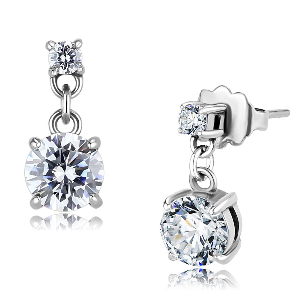 High polished (no plating) Stainless Steel Earrings with AAA Grade CZ in Clear
