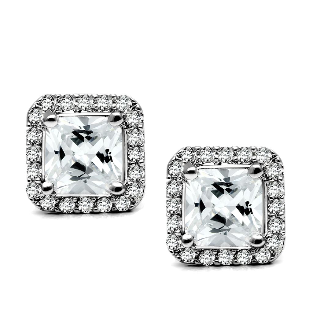 High polished (no plating) Stainless Steel Earrings with AAA Grade CZ in Clear