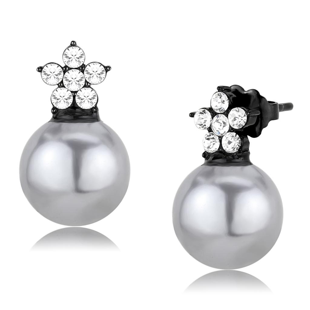 IP Black(Ion Plating) Stainless Steel Earrings with Synthetic Pearl in Light Gray