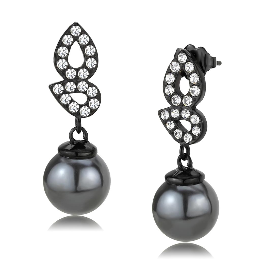 IP Black(Ion Plating) Stainless Steel Earrings with Synthetic Pearl in Gray