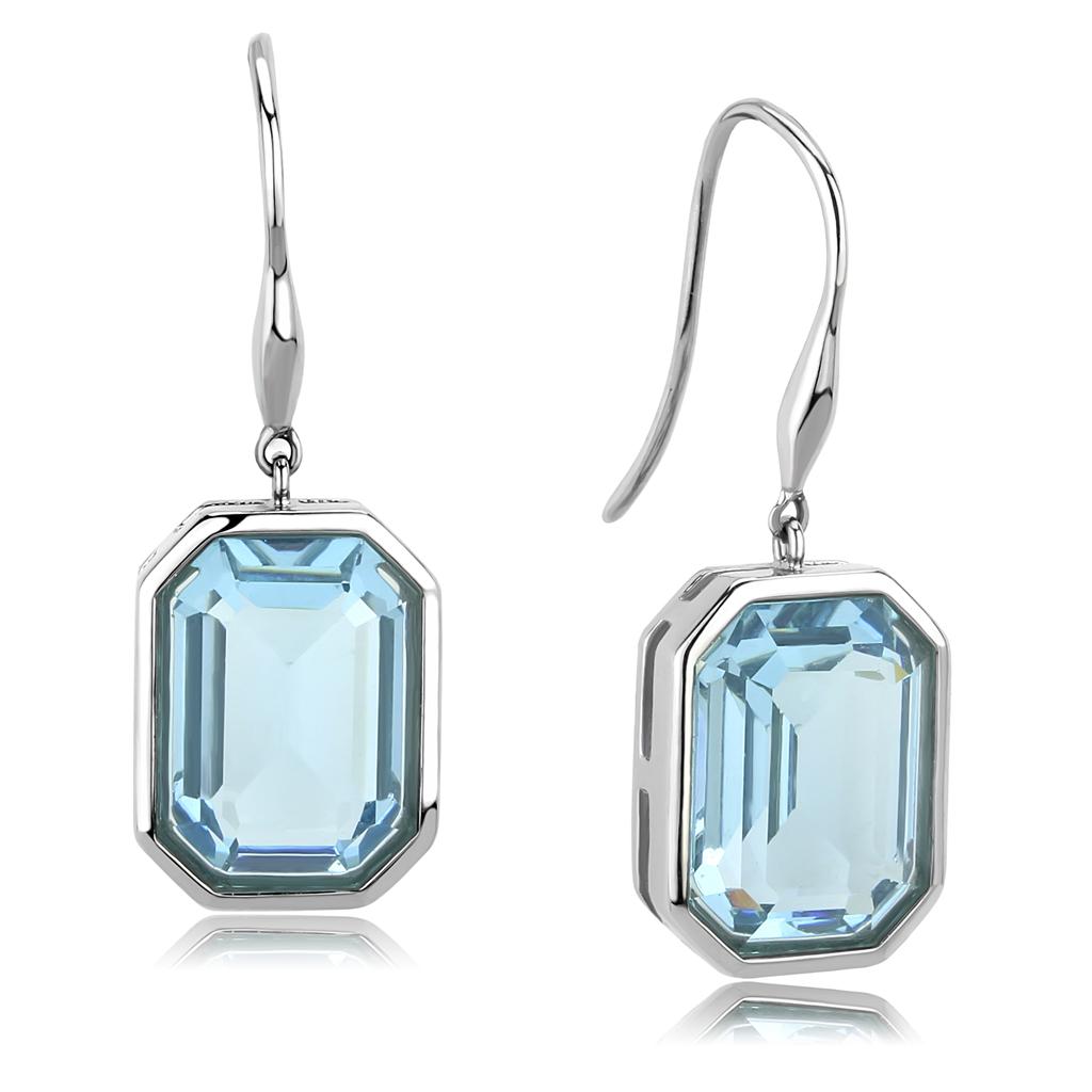 High polished (no plating) Stainless Steel Earrings with Top Grade Crystal in Sea Blue