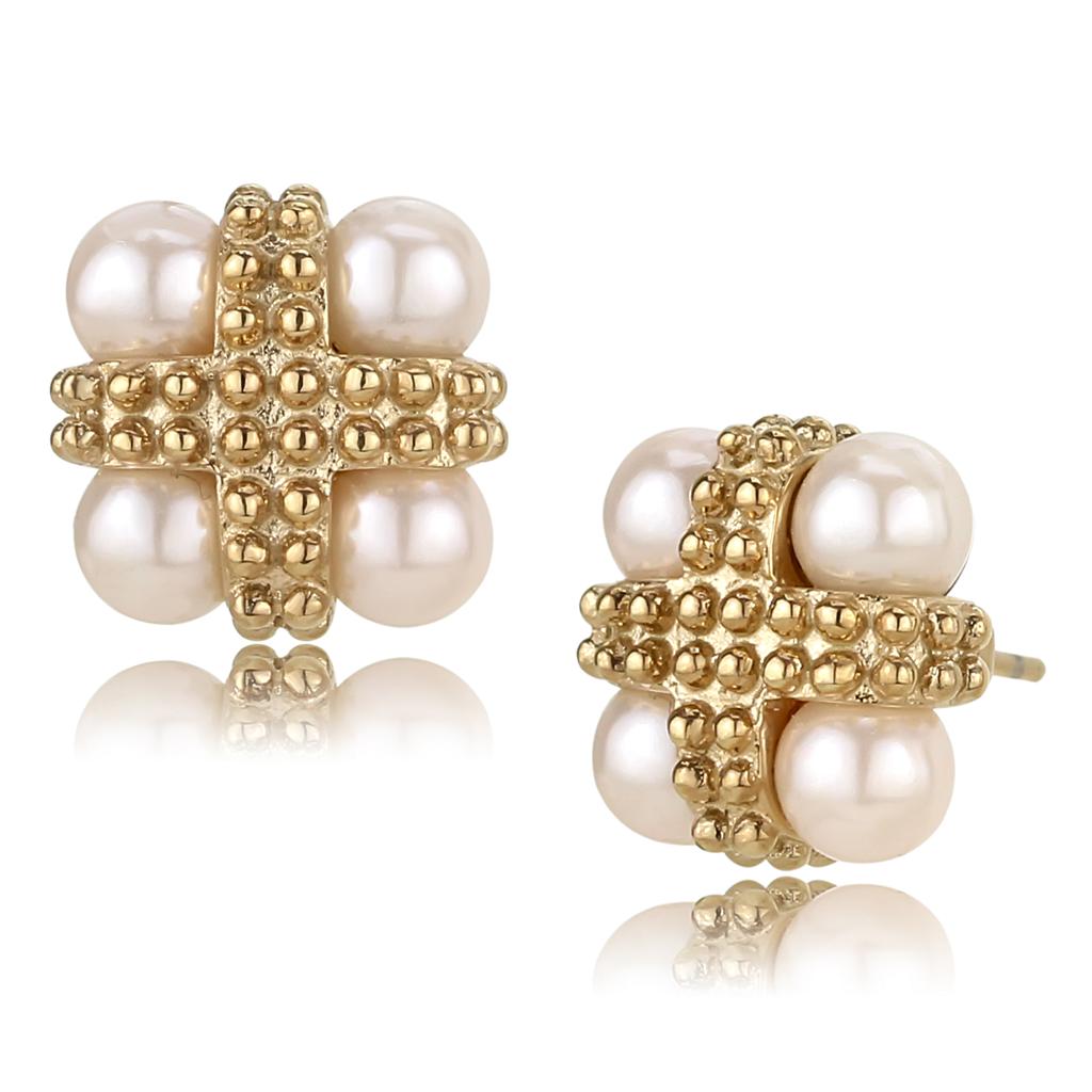 IP Rose Gold(Ion Plating) Stainless Steel Earrings with Synthetic Pearl in Light Rose