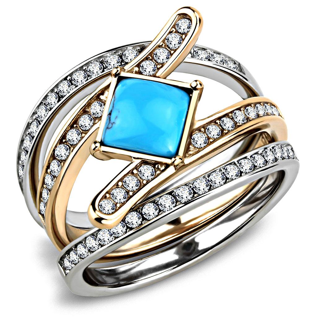 Two-Tone IP Rose Gold Stainless Steel Ring with Synthetic Turquoise in Sea Blue
