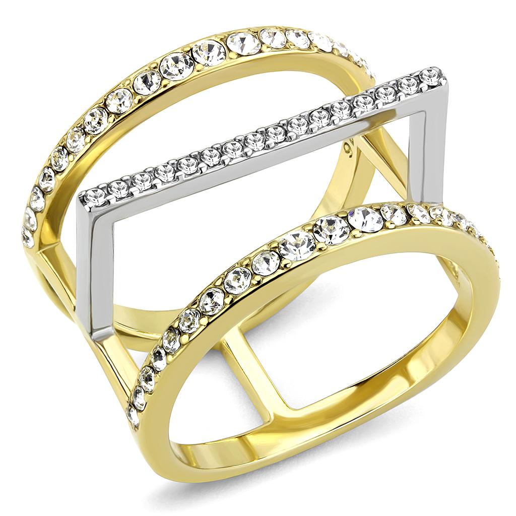 Two-Tone IP Gold (Ion Plating) Stainless Steel Ring with Top Grade Crystal in Clear