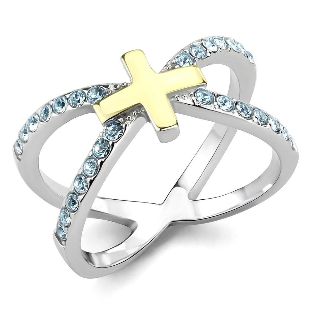 Two-Tone IP Gold (Ion Plating) Stainless Steel Ring with Top Grade Crystal in Sea Blue