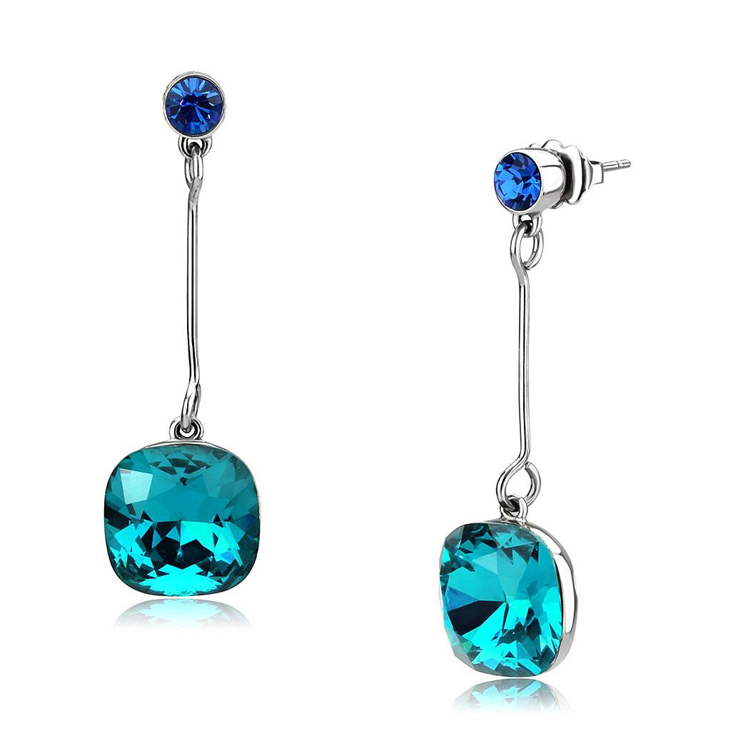 High polished (no plating) Stainless Steel Earrings with Top Grade Crystal in Blue Zircon