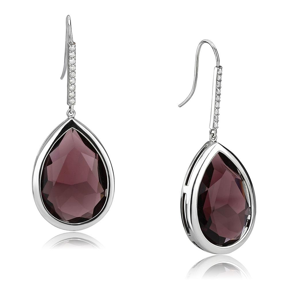 High polished (no plating) Stainless Steel Earrings with Top Grade Crystal in Amethyst