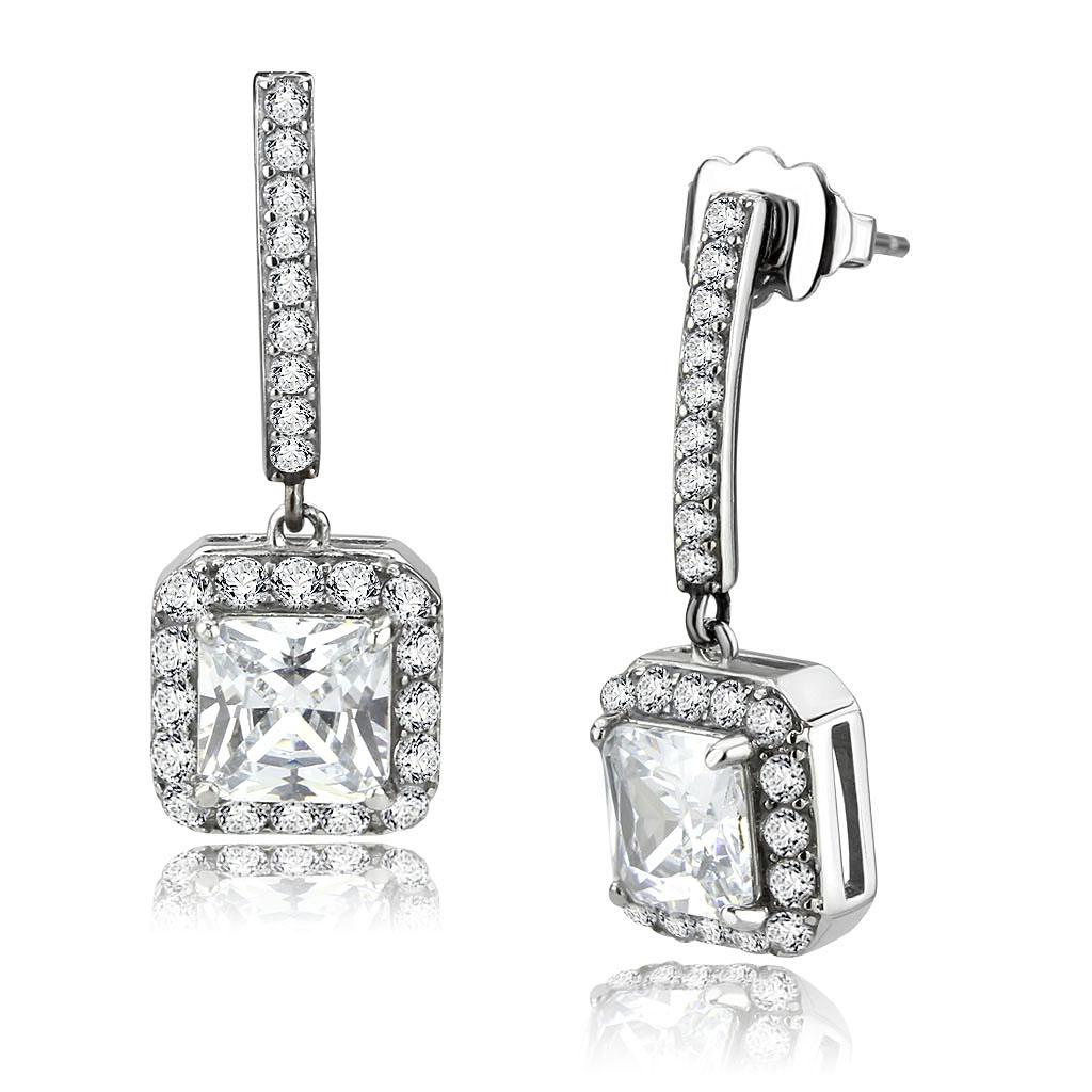 High polished (no plating) Stainless Steel Earrings with AAA Grade CZ in Clear