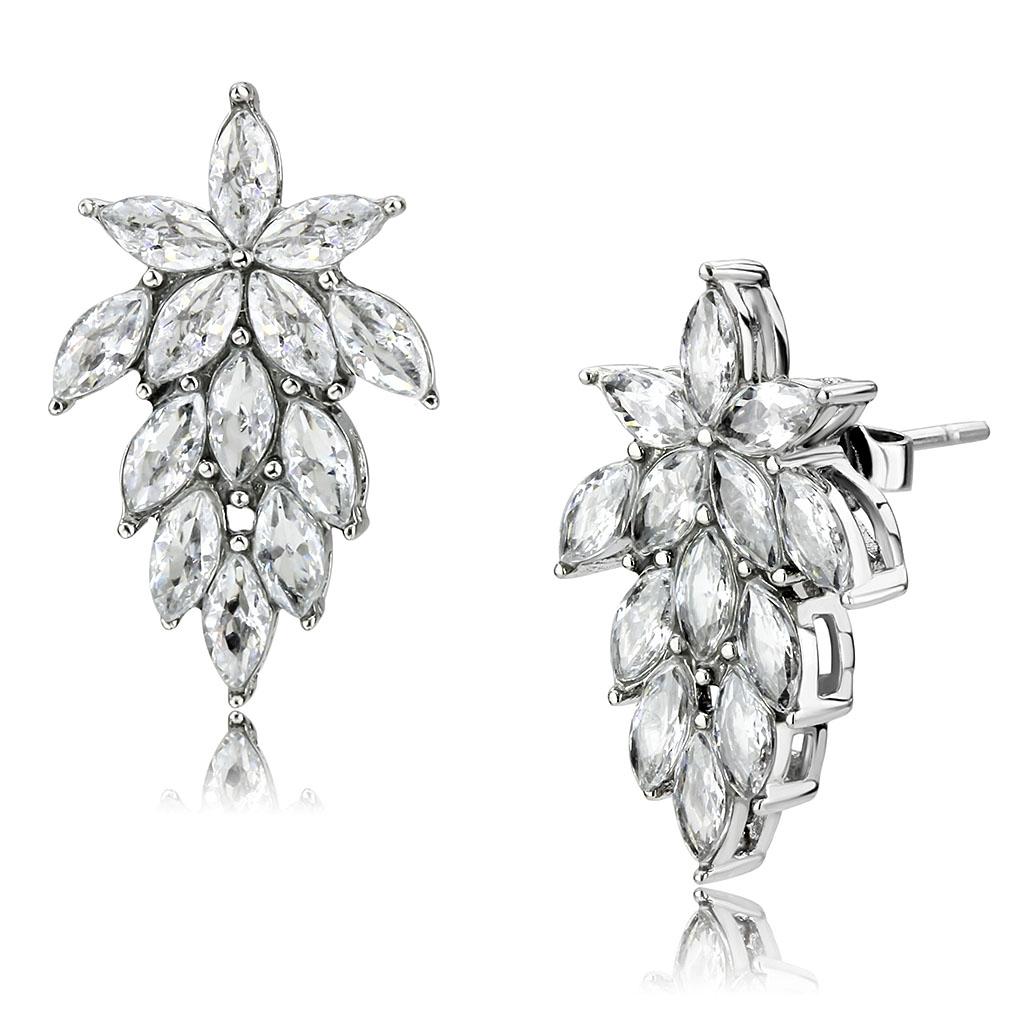 High polished (no plating) Stainless Steel Earrings with AAA Grade CZ in Clear