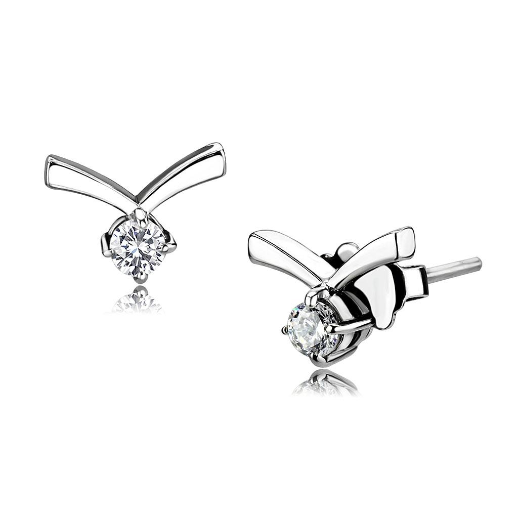 High polished (no plating) Stainless Steel Earrings with AAA Grade CZ in Clear