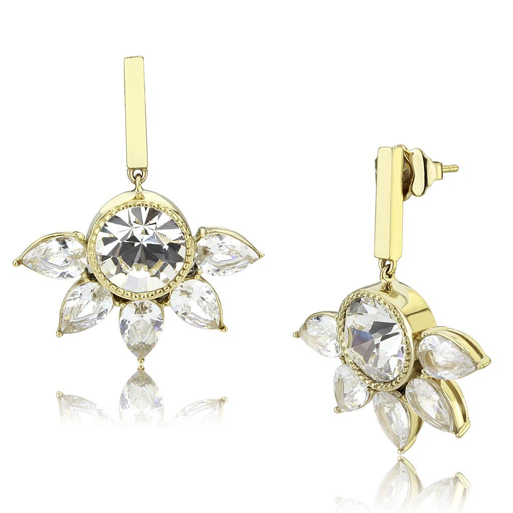 IP Gold(Ion Plating) Stainless Steel Earrings with Top Grade Crystal in Clear