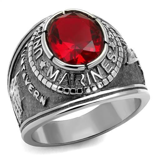 High-Polished Stainless Steel Marines Ring with Siam Red Glass