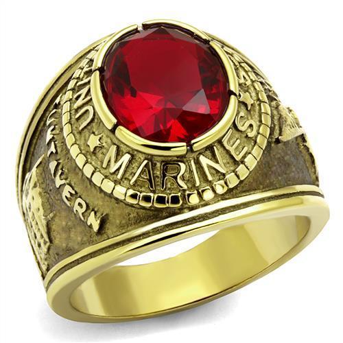 Gold-Plated Stainless Steel Marines Ring with Siam Red Glass
