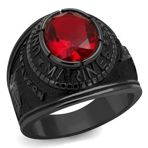 Black-Plated Stainless Steel Marines Ring with Siam Red Glass