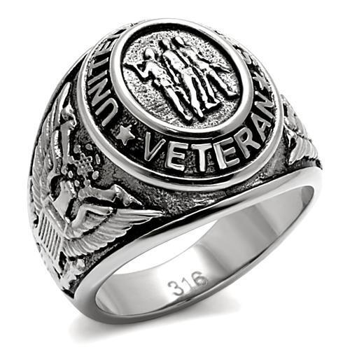 Silver US Veteran Ring – Stainless Steel Military Tribute (Size 8–14)