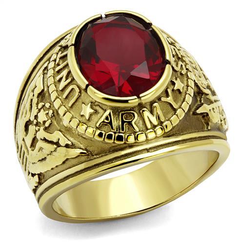Gold-Plated Stainless Steel Army Ring with Siam Red Glass