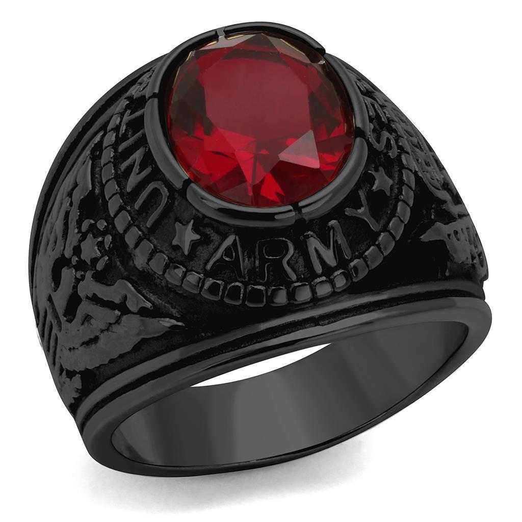 Black-Plated Stainless Steel Army Ring with Siam Red Glass