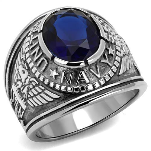 Stainless Steel Navy Ring with Sapphire Blue Glass