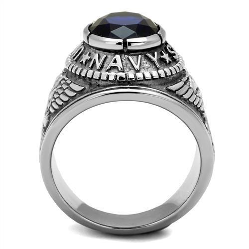 Stainless Steel Navy Ring with Sapphire Blue Glass