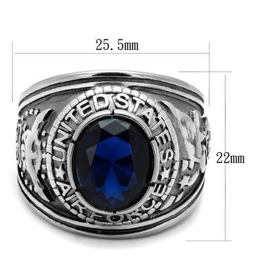 High-Polished Stainless Steel Air Force Ring with Sapphire Blue Glass