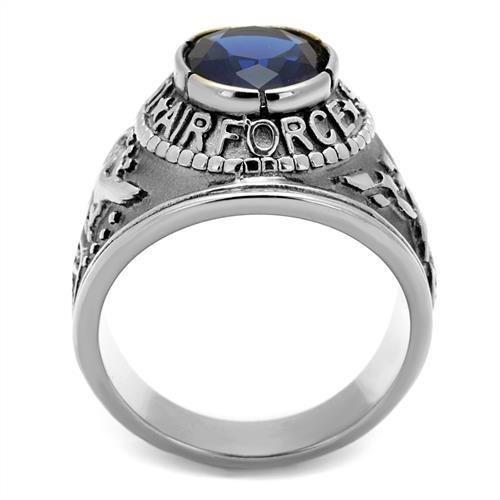 High-Polished Stainless Steel Air Force Ring with Sapphire Blue Glass