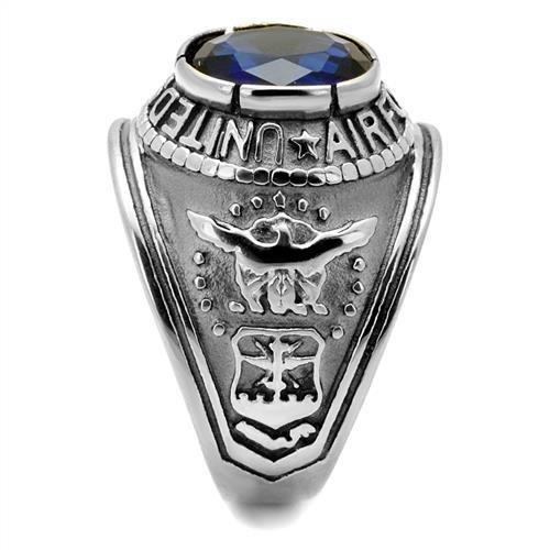 High-Polished Stainless Steel Air Force Ring with Sapphire Blue Glass