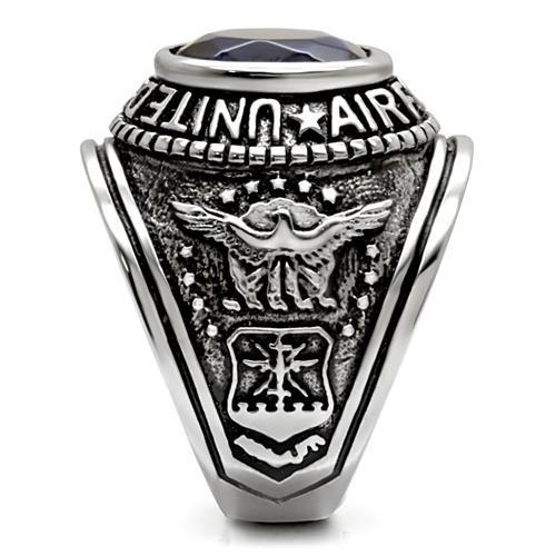 High-Polished Stainless Steel Air Force Ring with Sapphire Blue Glass