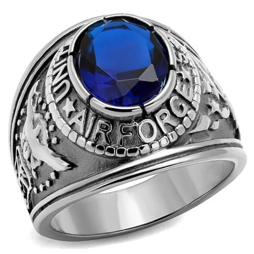 High-Polished Stainless Steel Air Force Ring with Sapphire Blue Glass