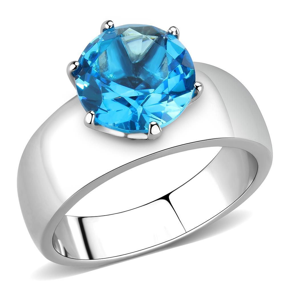High polished (no plating) Stainless Steel Ring with Synthetic Synthetic Glass in Sea Blue