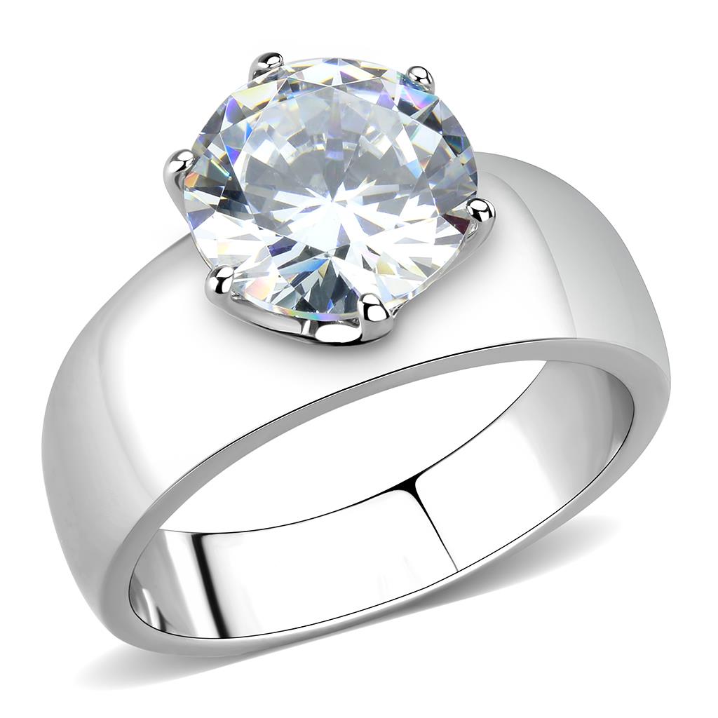 High polished (no plating) Stainless Steel Ring with AAA Grade CZ in Clear