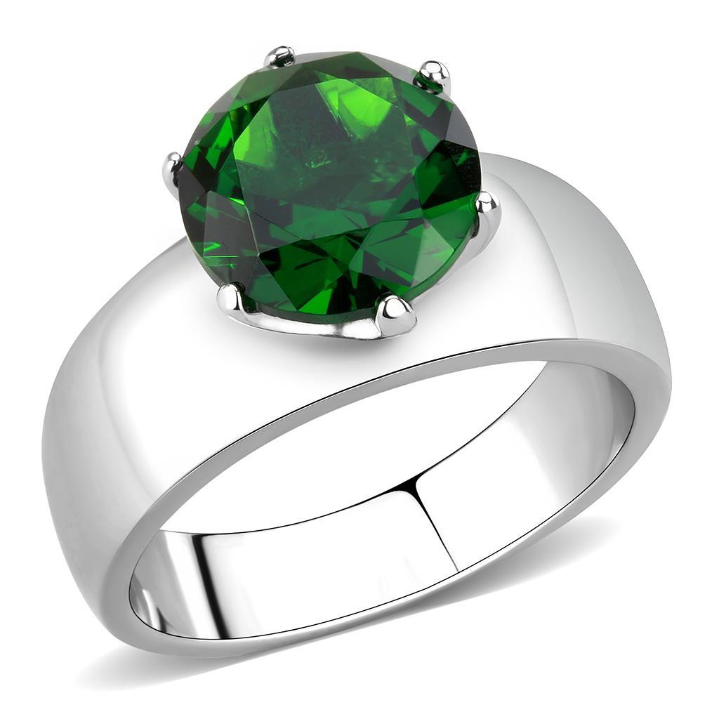 High polished (no plating) Stainless Steel Ring with Synthetic Synthetic Glass in Emerald
