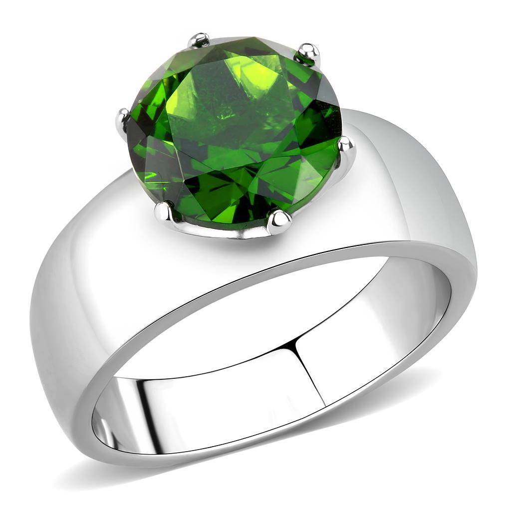 High polished (no plating) Stainless Steel Ring with Synthetic Synthetic Glass in Peridot