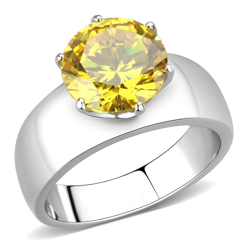 High polished (no plating) Stainless Steel Ring with AAA Grade CZ in Topaz